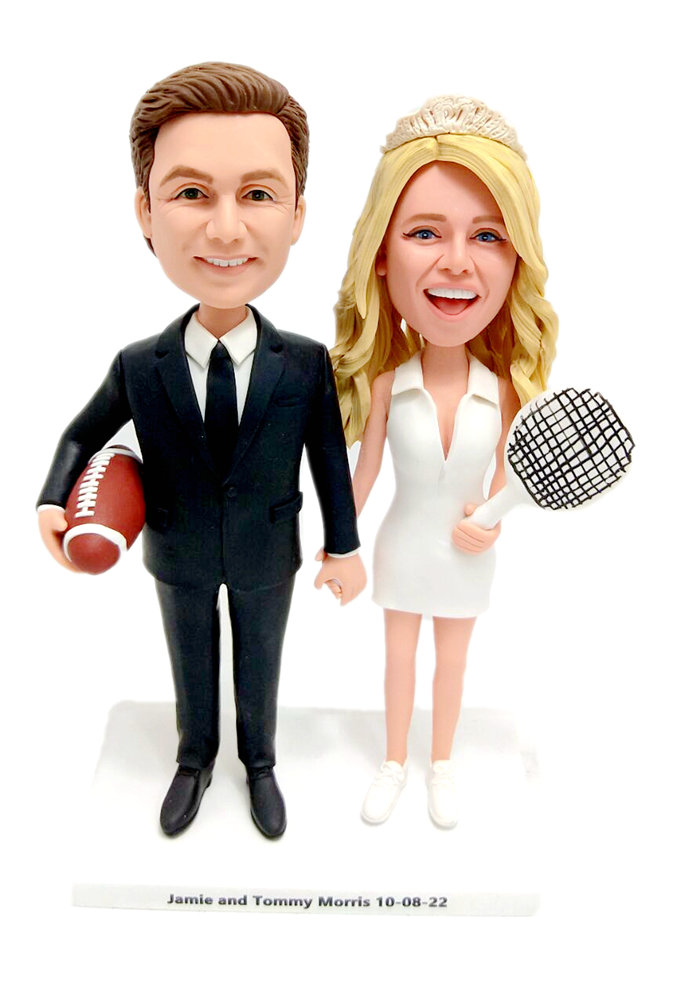 Custom cake topper personalized wedding cake toppers dolls with football and tennis racket